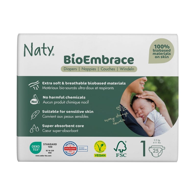 Naty BioEmbrace Baby Diapers Size 1 (2-5 kg),100% Biobased on Skin, Plant-Based Softness, Dermatologically Tested and Super Absorbent, Pack of 25 - Image 1